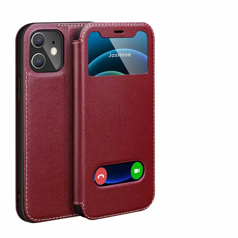 Luxury Genuine Leather Flip Phone Case for iPhone 12 mini 11 Pro Max Xs Max XR X 8 7 6s Plus SE Shell Cover w/Clear view Windows case iphone 6