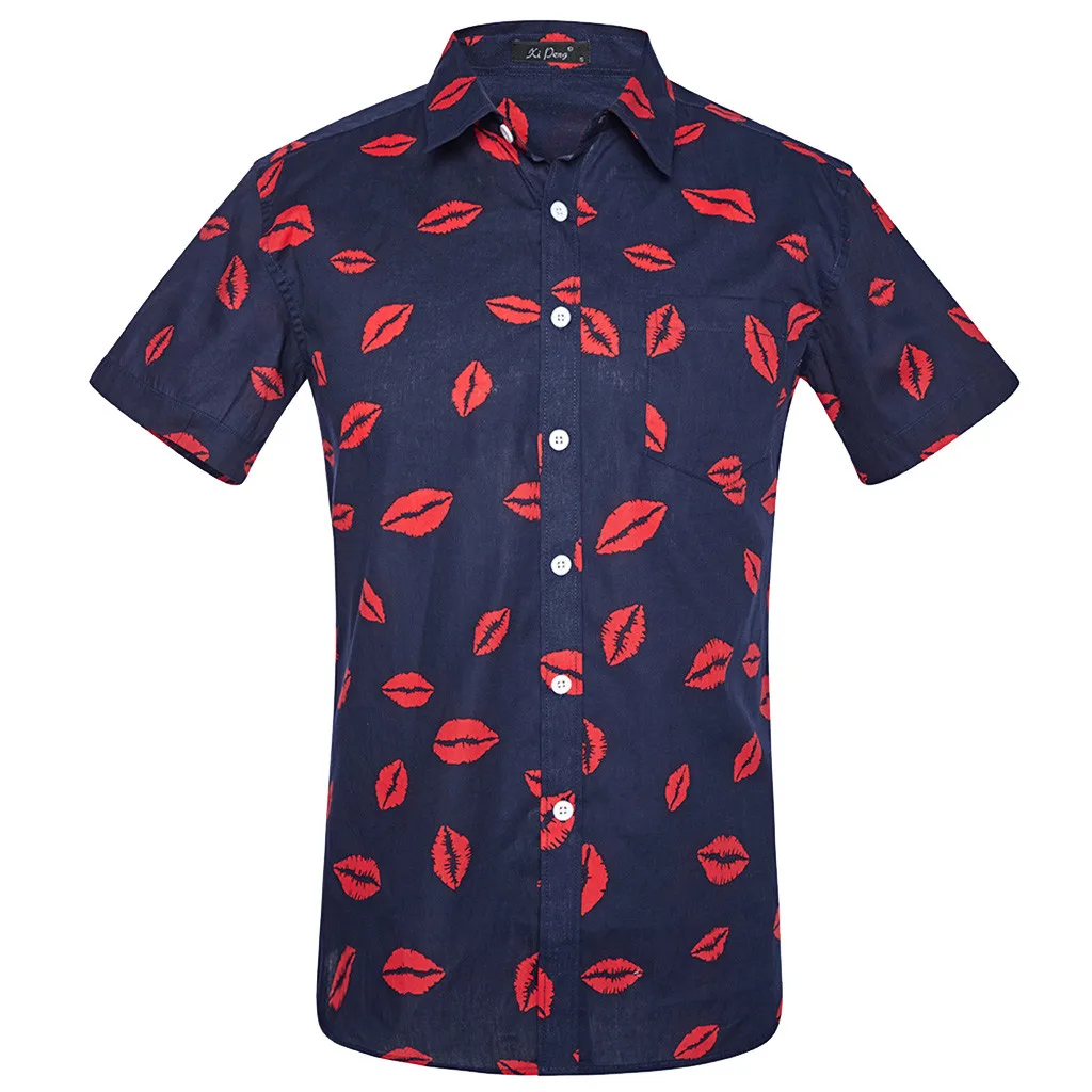 Мужская рубашка в форме губ с надписью Kiss с принтом Chemise Homme, модные рубашки с принтом, гавайская блуза с рисунком, повседневные тонкие рубашки с коротким рукавом, топы