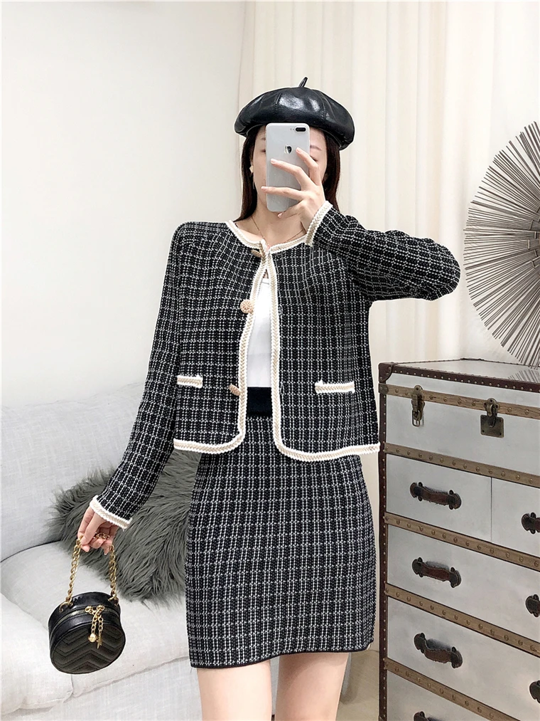 Autumn Women Two Piece Set Fashion Single Breasted Knitted Cardigans+ Bodycon Mini Skirt 2pcs Suit Female Elegant Set