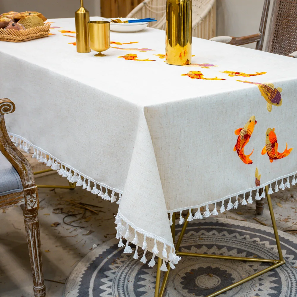  Embroidery Fish Decorative Linen Tablecloth With Tassel Waterproof Oilproof Thicken Rectangular Wed