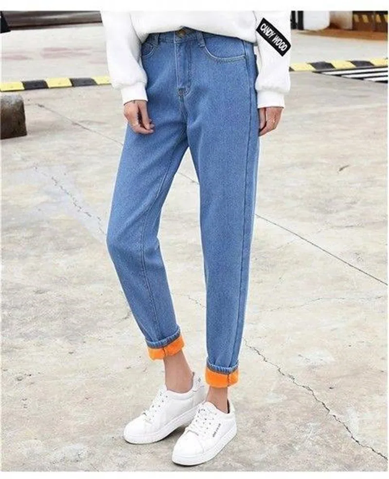 Высокая талия джинсы для женщин в стиле бойфренд зима бархат утолщение теплые джинсовые штаны корейская мода свободного размера плюс брюки Mujer