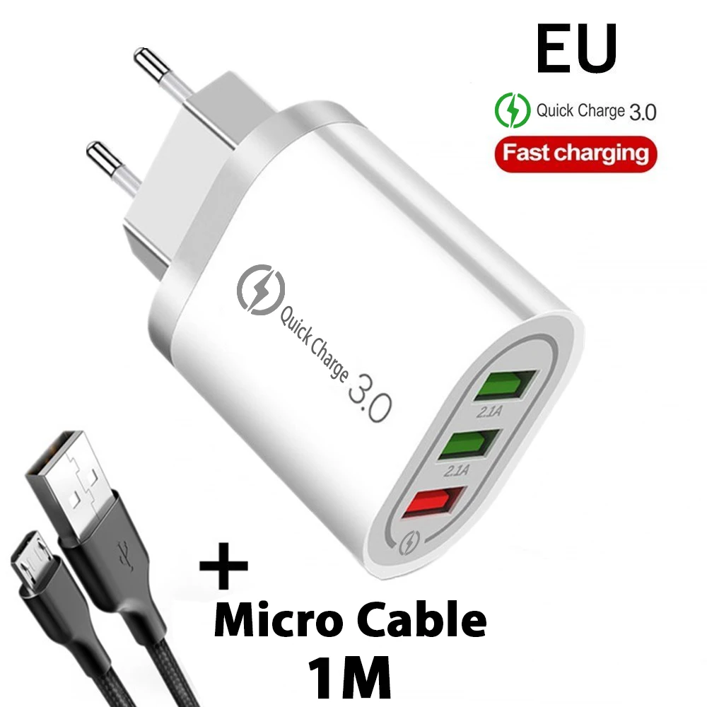 Быстрое зарядное устройство QC 3,0 3 порта USB зарядное устройство EU/US 5 В/3A Быстрая зарядка для iphone huawei samsung Redmi Xiaomi адаптер для мобильного телефона - Тип штекера: EU Micro Cable White