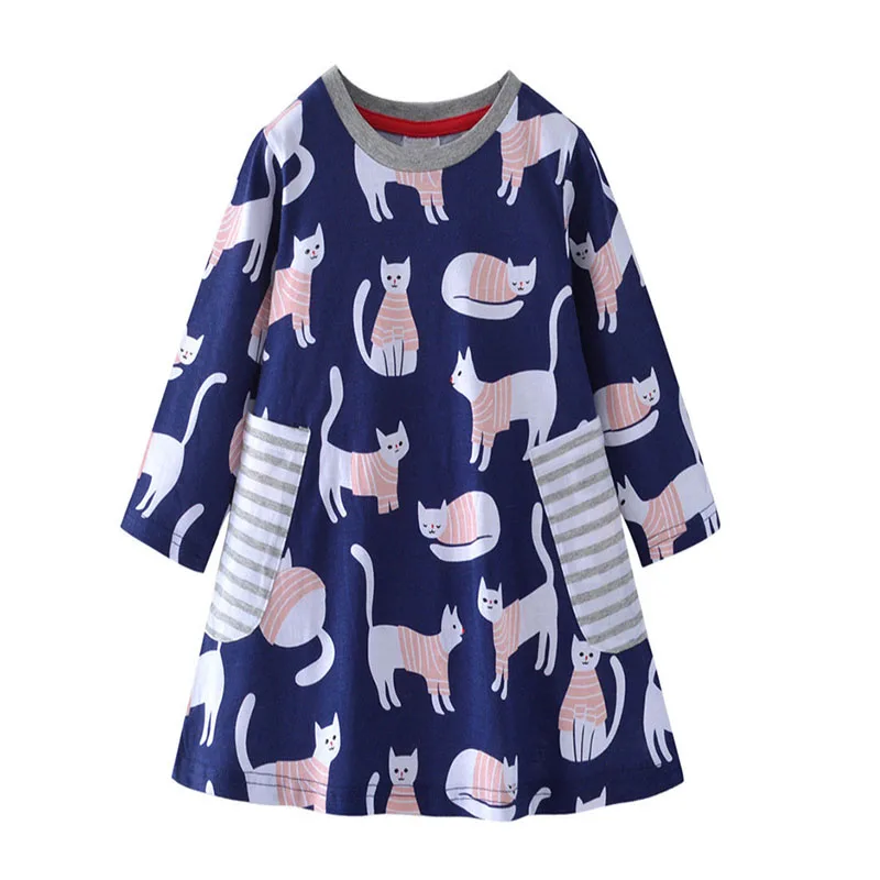 

New Arrival Baby Dresses Animals Cats Print Long Sleeve Girl Dress Pockets Clothes For Autumn Spring Children Cotton Party Dress
