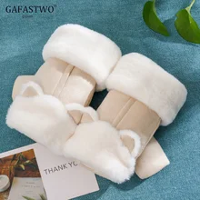 Женские перчатки с кошачьими ушками на пол пальца, корейские студенческие зимние теплые милые плюшевые флисовые Мультяшные толстые бархатные перчатки
