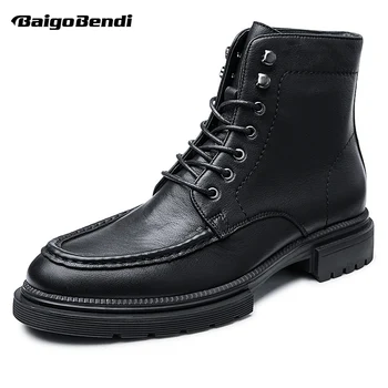 

NEW Arrival Cool Men's Winter Mid-calf Motorcycle Boots Black Full Grain Leather Lace Up Trendy Work Boots Man Shoes Classical
