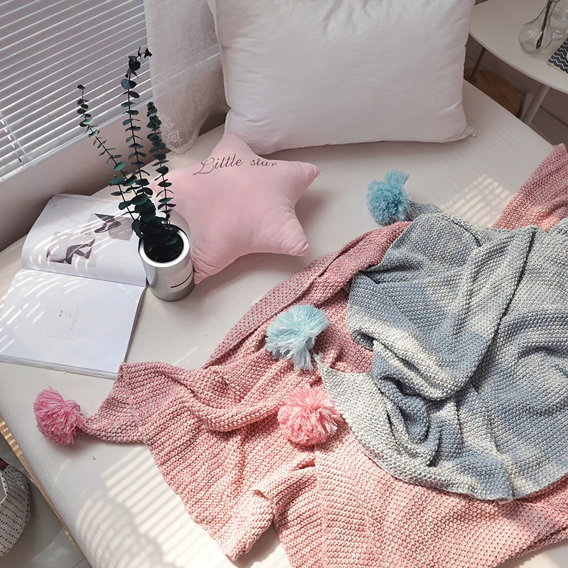

Blanket Cotton Knitting Throw Modern European Fresh Light Blue Pink Balls Coberto Chic Sofa Decorative Bedding Dropshipping