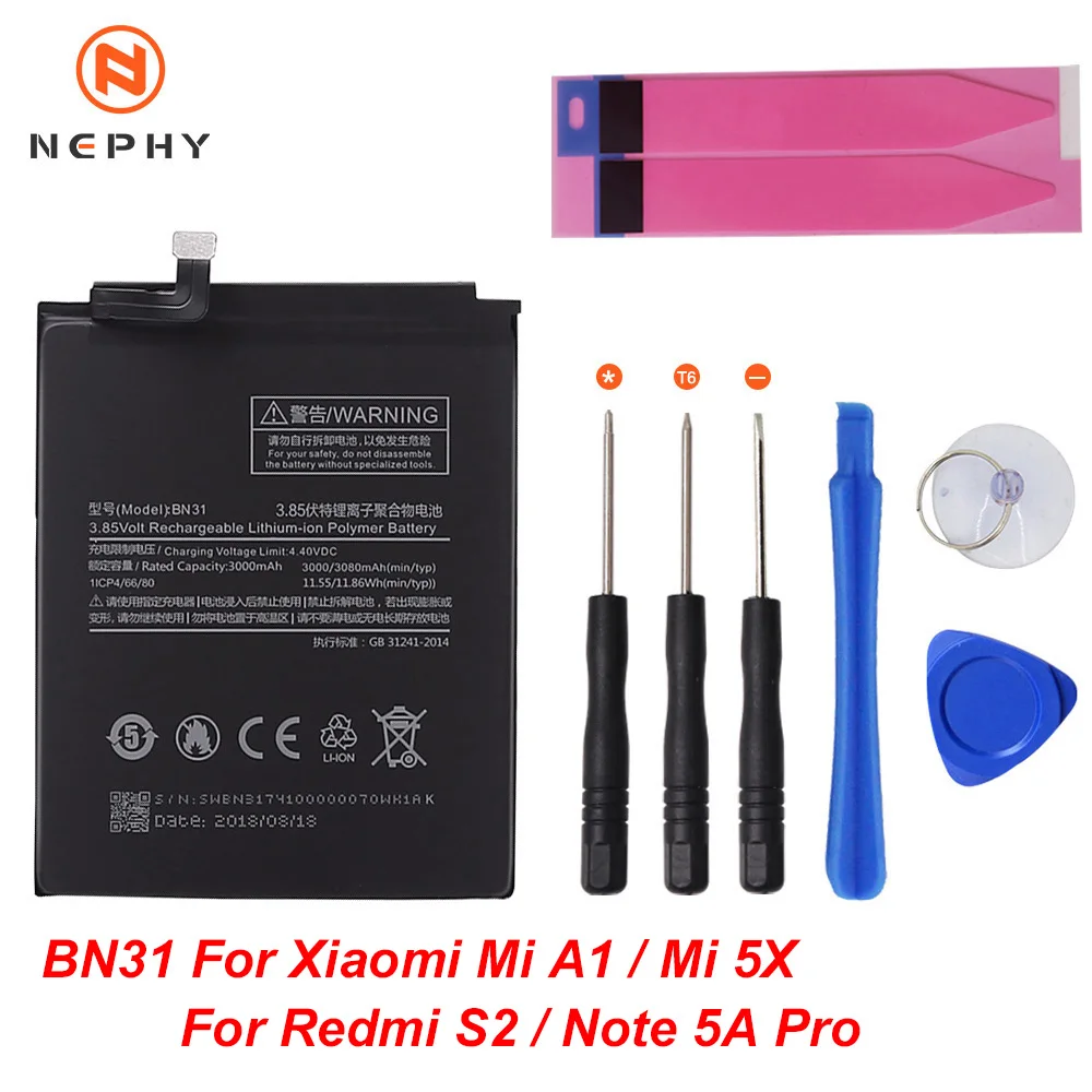 Nephy аккумулятор для телефона BN31 BN36 BM36 BM49 BM50 для Xiaomi mi A1 A2 5X 5S 6X Max 2 Red mi S2 Примечание 5A Pro инструменты для ремонта - Цвет: BN31