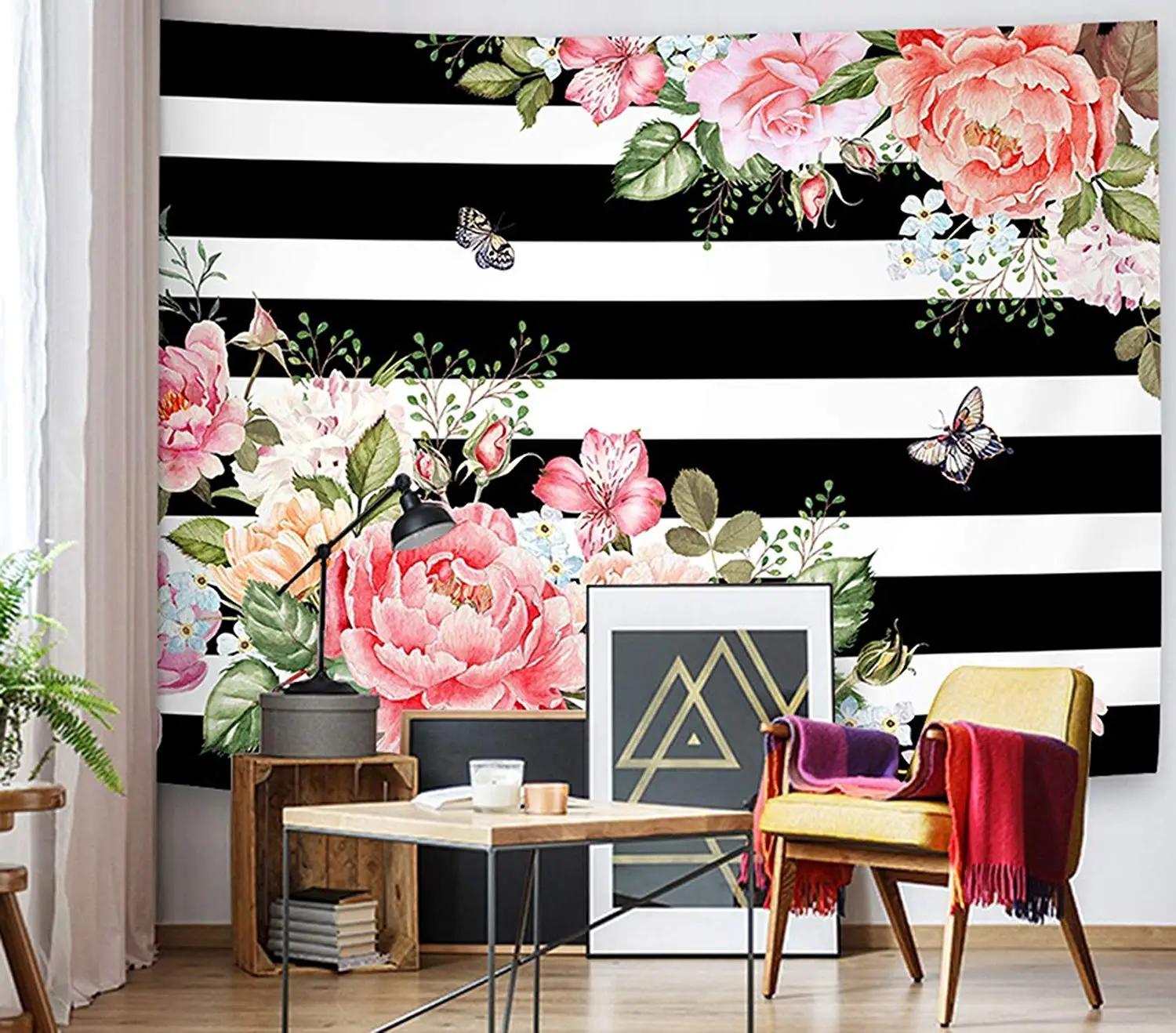 

Pink Flowers Tapestry Wall Hanging Red Rose Green Home Decor
