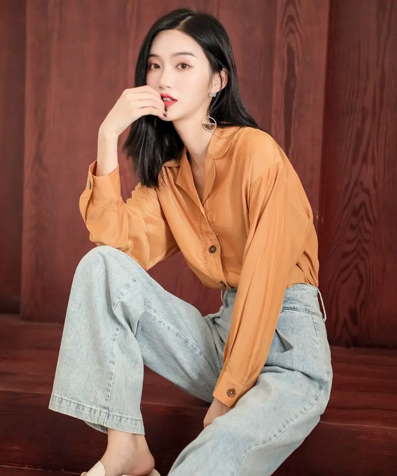 

COIGARSAM Vintage Full Sleeve Shirt Womens tops Spring Embroidery Chiffon Loose Women shirts Yellow 2213