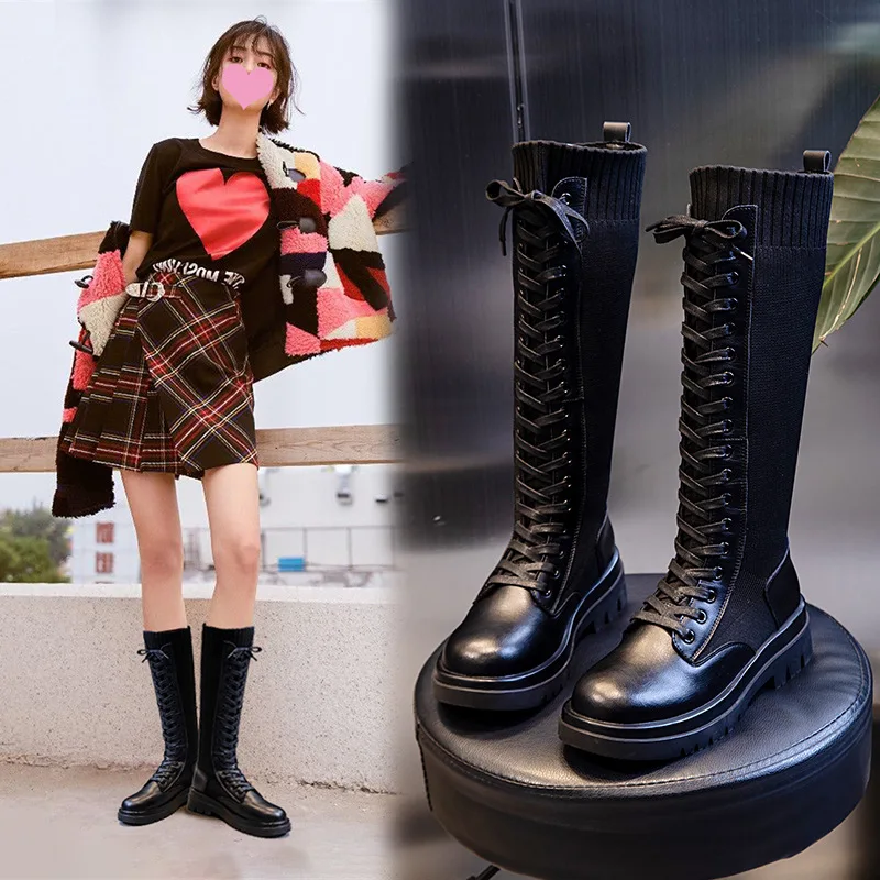Long boots autumn new 2020 winter British style leather long tube knee socks and boots high elastic thick soled casual women's s