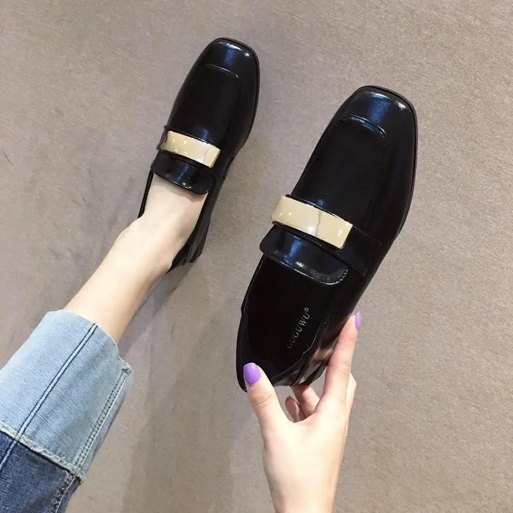 

Leather Women's Shoes Shallow Mouth Loafers Woman Oxfords Low Heels Autumn Casual Female Sneakers British Style Square Toe