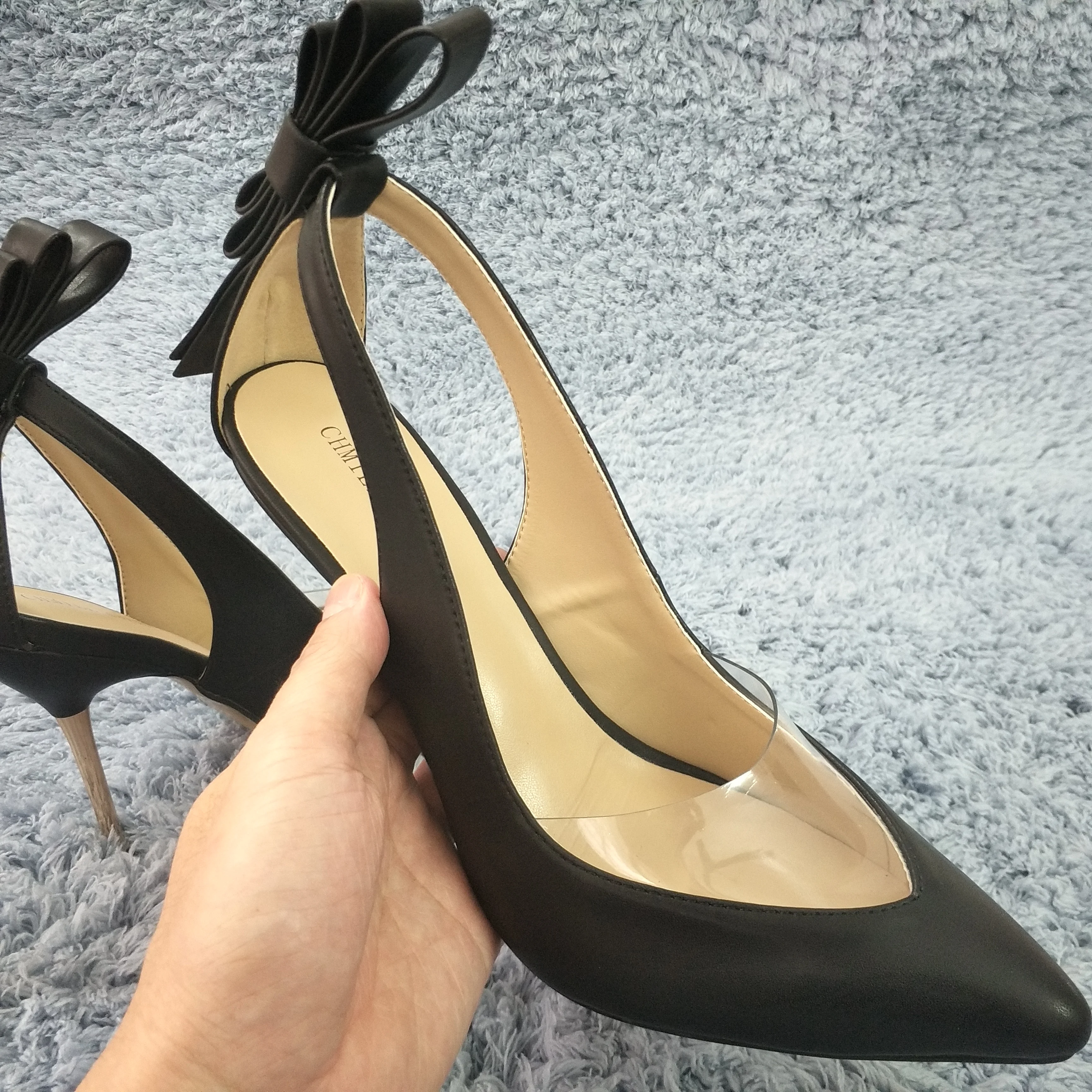 

Sexy Black Leather Pumps High Heel Popular Dress Party Women Pumps Spring Autumn New Pointed Toe Bowing Stiletto 11cm Heels