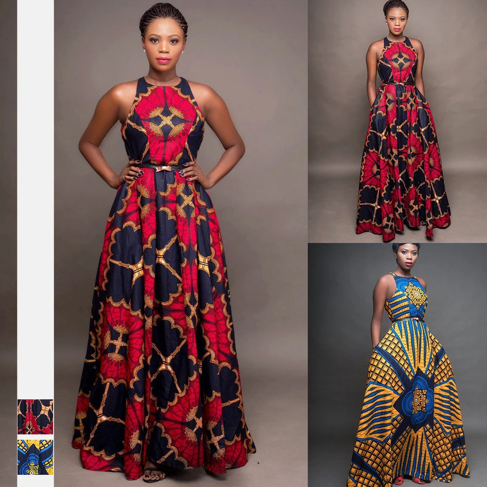 

2020NEWS Sexy Round Neck Dashiki Maxi African Print Dresses for Women Sleeveless Ankara Robe Africaine For Club Party