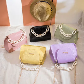 

2020 New Style Summer Versatile Crocodile Pattern Shoulder Square Sling Bag Fashion Solid Color Chain Portable Shoulder Bag Whol