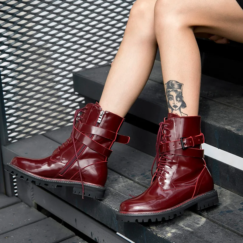 

Botas Mujer Invierno 2019 Ankle High Women Boots Patent Leather Lace Up Belt Buckle Designer Bottes Femme Autumn Ladies Shoes