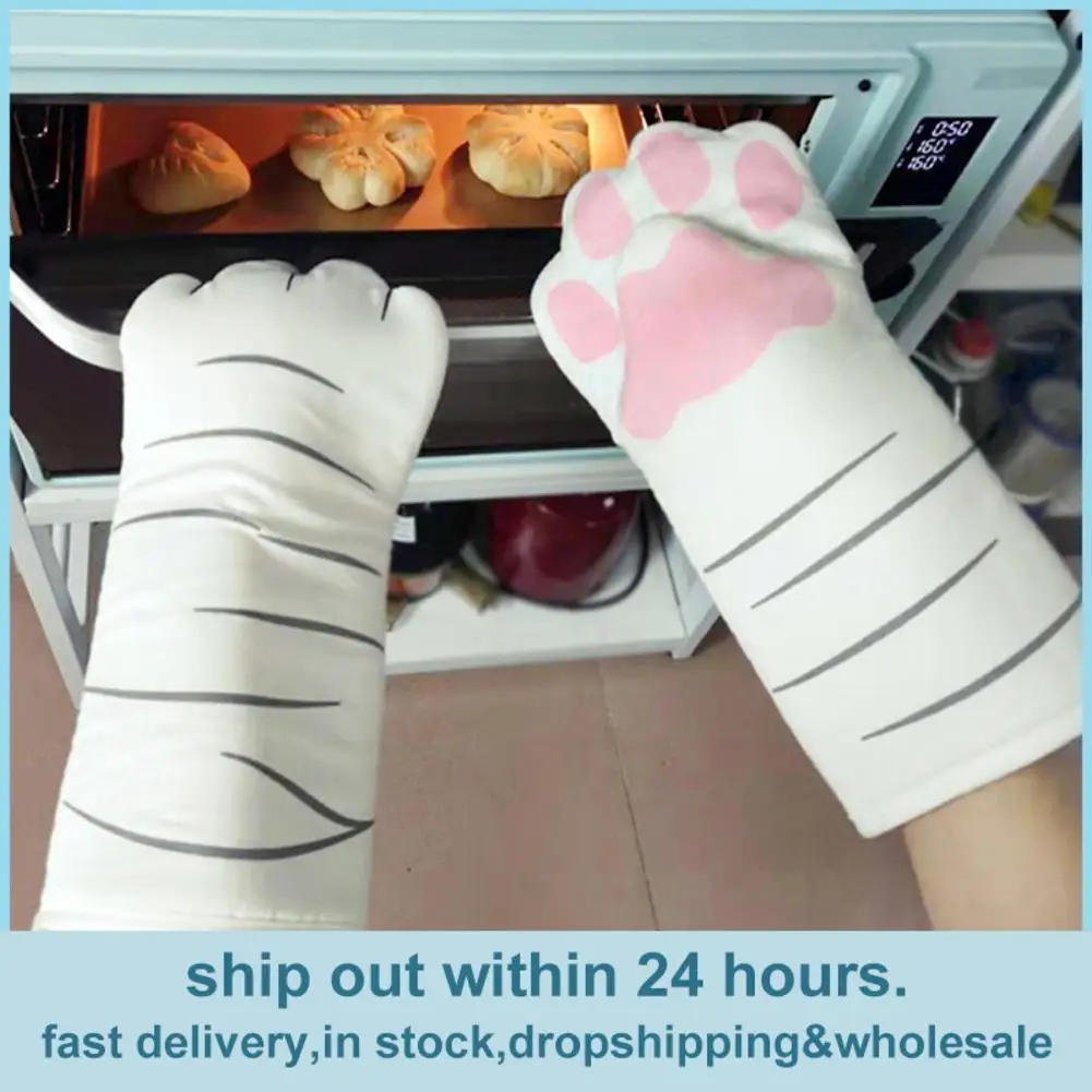 3D Cartoon Cat Paws Oven Mitts Long Cotton Baking Insulation Microwave Heat Resistant Non-slip Gloves Animal kitchen gloves cotton pot holders 1PC