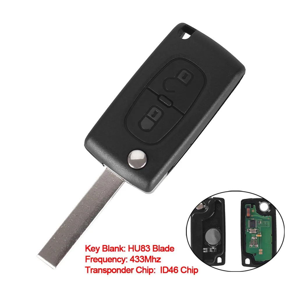 HU83 Blade KEYYOU 2 кнопки Filp Автомобильный Дистанционный Ключ заготовка VA2/HU83 для PEUGEOT 407 408 307 308 107 207 складной автобрелок ID46 чип CE0536 - Количество кнопок: HU83 Blade