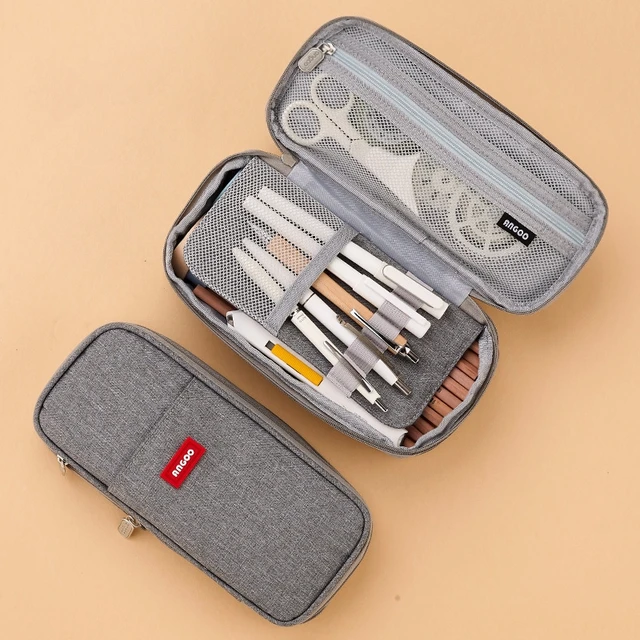 Angoo [C-Block] Classic Pocket Pen Pencil Case, Fold Canvas Stationery Storage Bag Organizer for Cosmetic Travel Student A6449 Light Gray