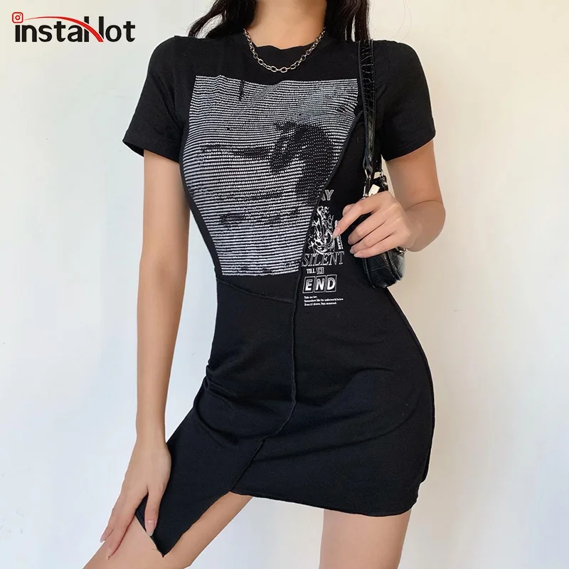 

InstaHot women patchwork slim mini dress short sleeve printed round neck asymmetric hem streetwear casual cotton dresses 2020