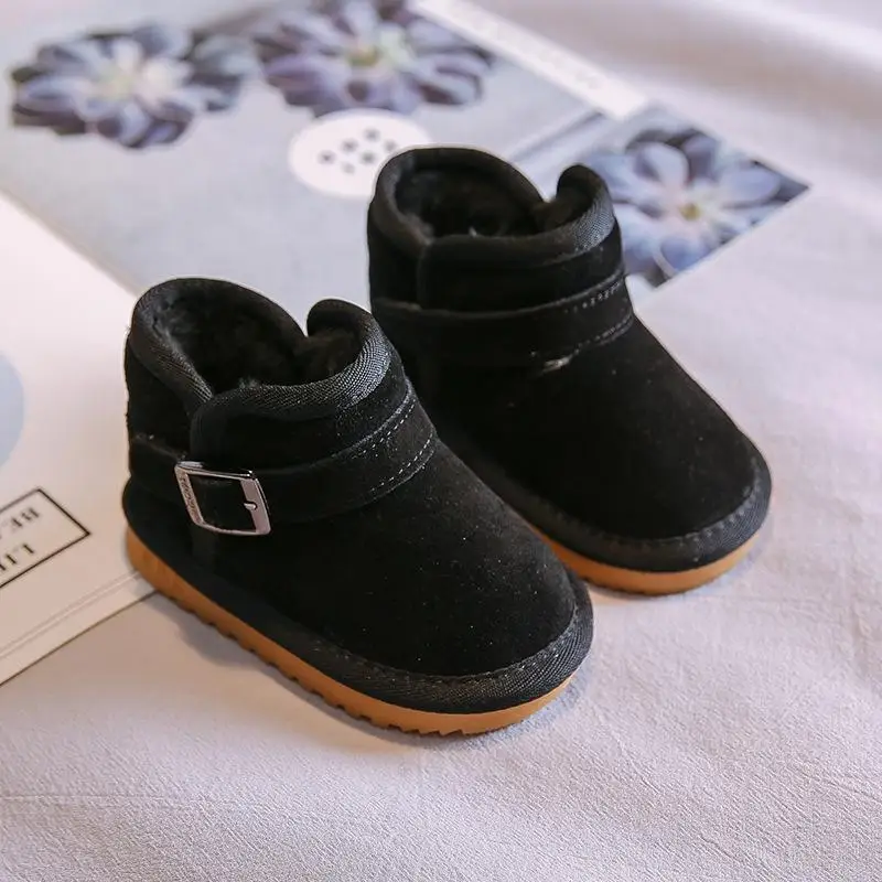 Зимние ботинки для девочек с плюшем и утолщенной мягкой подошвой; короткие ботинки; зимние детские ботинки; хлопковая обувь для маленьких мальчиков - Цвет: Черный