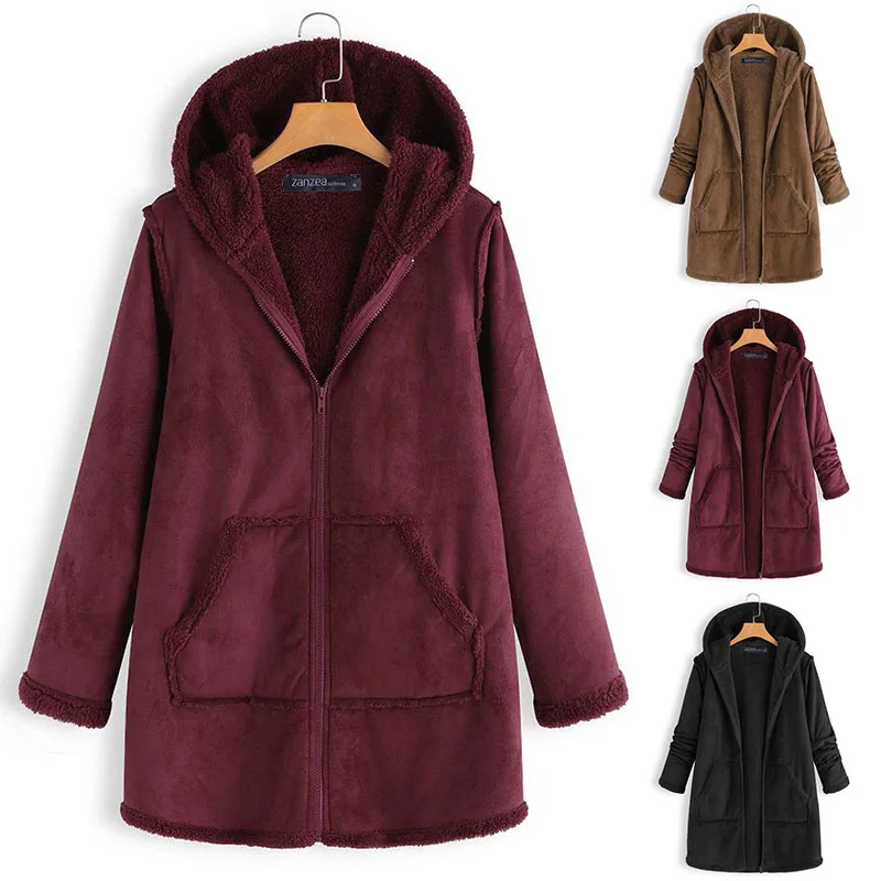 awesome  2019 Winter Solid Zipper Outerwear ZANZEA Hooded Fur Fluffy Warm Coats Autumn Women Casual Long Sle