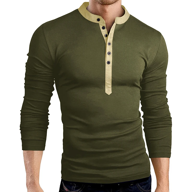 

Spring Autumn Mens Slim Fit V Neck Button Long Sleeve Muscle Tee T-shirt Casual Tops Henley Shirts Hot Sales
