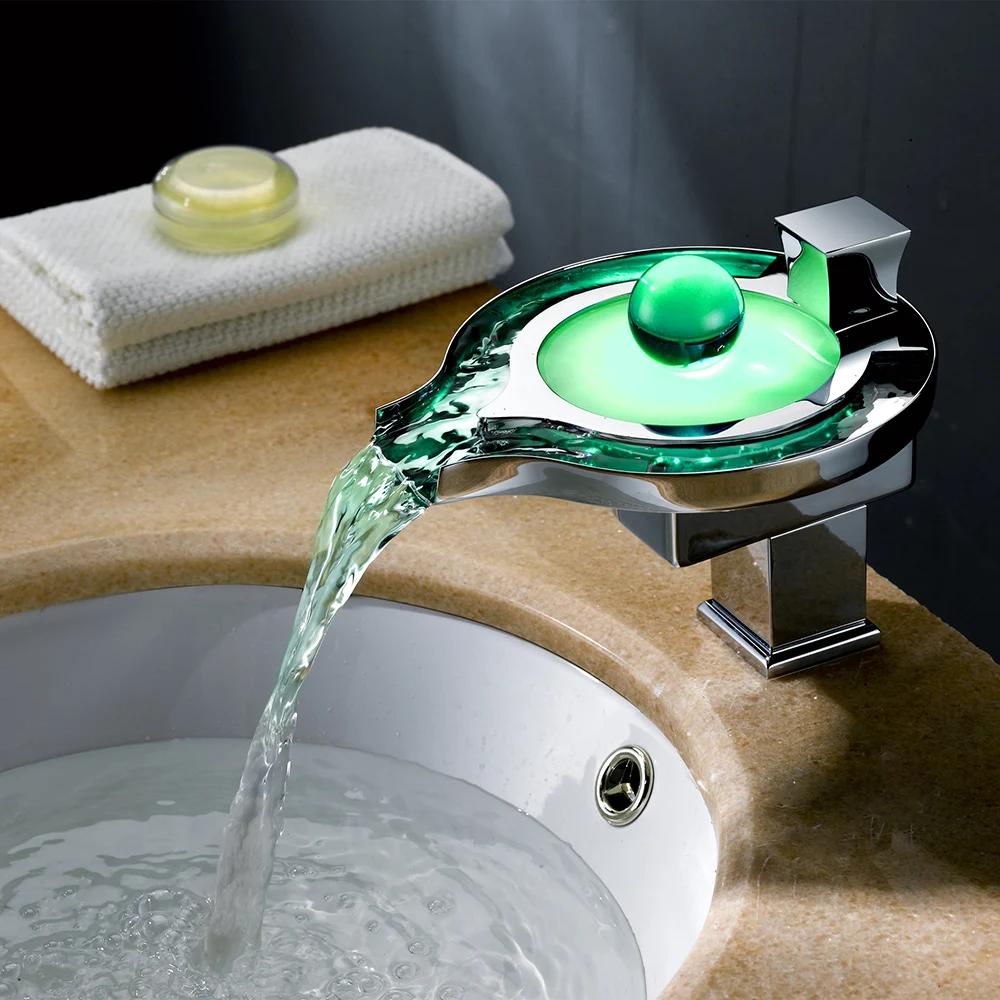 

Hot New Homgeek Waterfall Bathroom Basin Faucet Faucet Thermochromic LED Solid Brass Mixer Tap Chrome Home Hotel