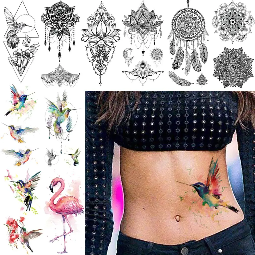 Акварельные Временные татуировки Колибри для женщин, черная хна, поддельные татуировки, наклейка с подвеской в виде лотоса, для тела, на груди, на цепочке, тату для девушек