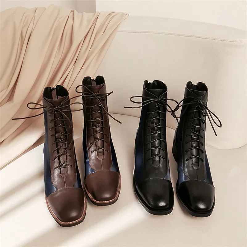 Meotina Winter Ankle Boots Women Natural Genuine Leather Thick Heel Short Boots Zipper Square Toe Shoes Female Autumn Size 34-39