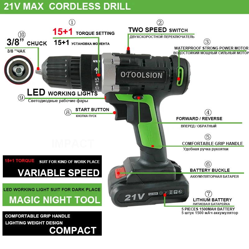 21V 1800Rpm Cordless Screwdriver Cordless Electric Drill Power Tools Drill Screwdriver Drill Electric With Screwdriver Bag