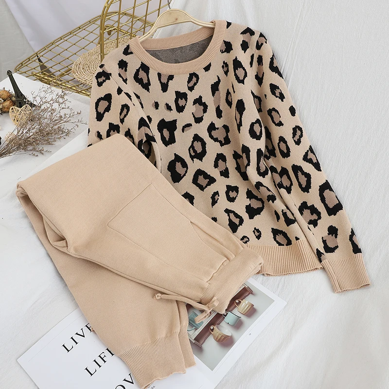 Harem-Pants Sweater Knitted-Suits Korean-Sets Long-Sleeve Fashion Women Leopard O-Neck