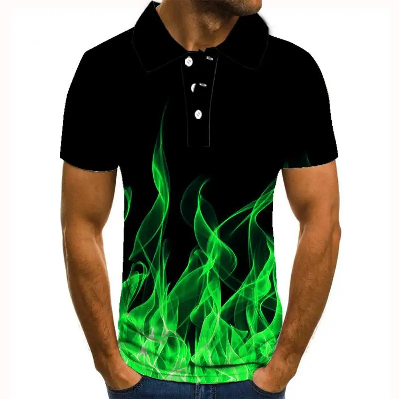 2020 new Men Polo Shirt Male Highly Quality Fit Tops Fashion Green flame 3d printed Men's Short Sleeve Shirts polo homme | Мужская