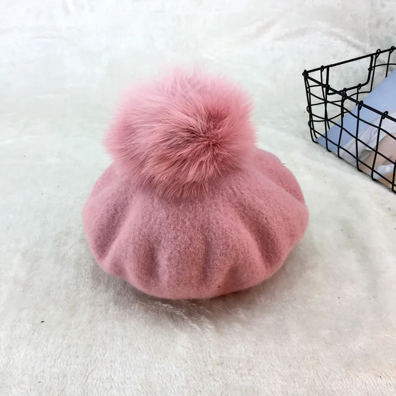 Autumn Winter Thick Wool Beret Women New Fashion Octagonal Cap Super Large Fox Fur Pompom Ball Painter Hat - Цвет: Розовый