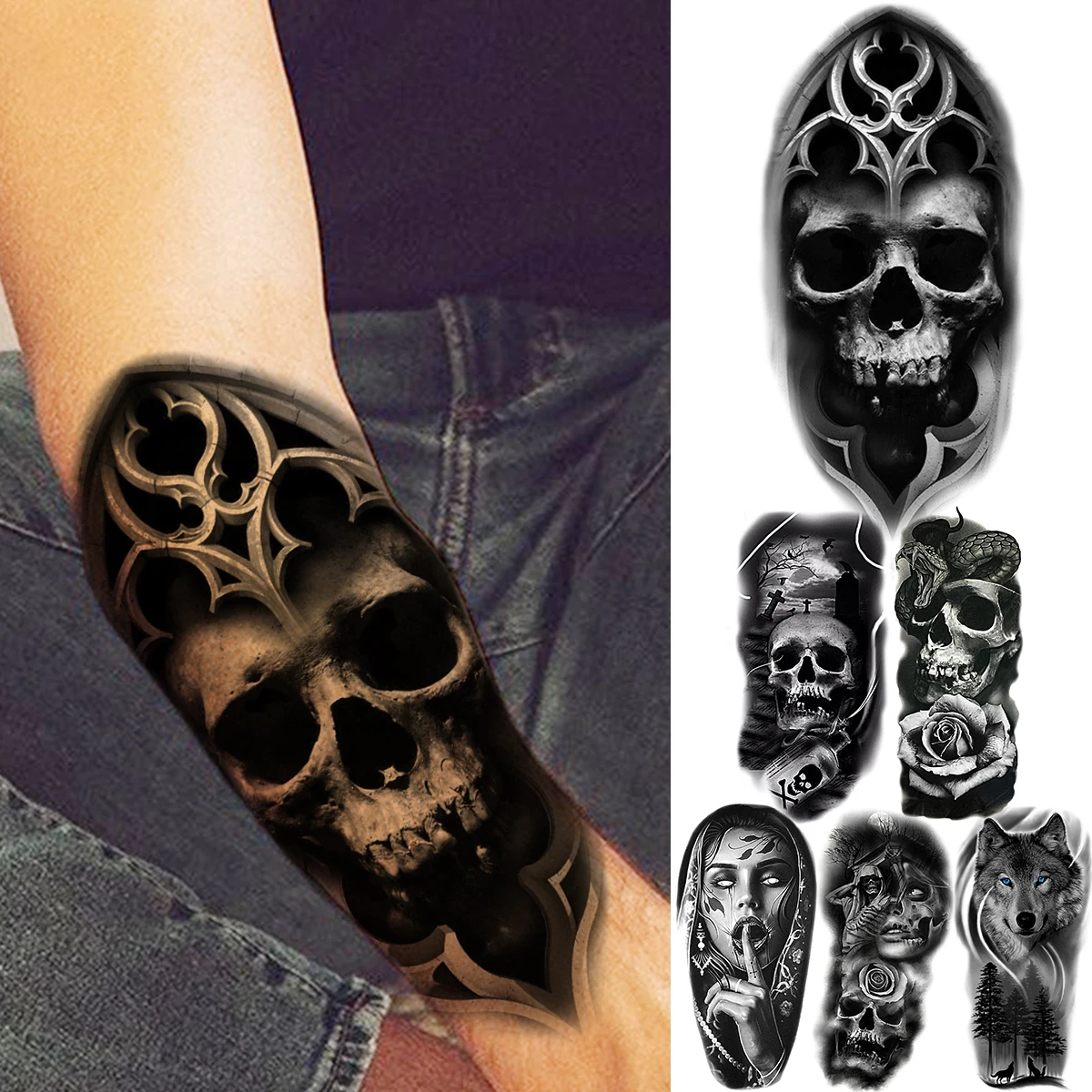 3D Black Skull Head avambraccio scheletro tatuaggio temporaneo per uomo  adulto donna Tribal Wolf Flower Snake tatuaggio finto mezza manica Tatoo -  AliExpress, image size:1200x1200