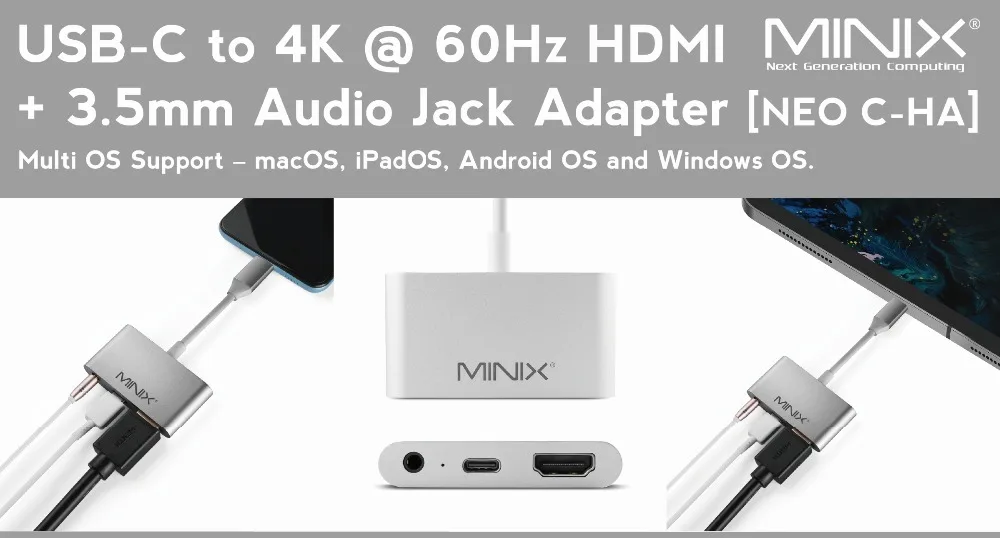MINIX NEO C-HA Ultimate 3 в 1 медиа-адаптер USB-C 4 к 60 Гц HDMI 3,5 мм аудио разъем адаптер Поддержка нескольких ОС