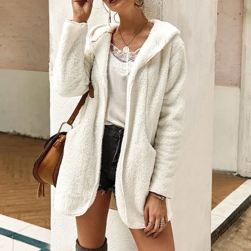 Faux Fur Coat Women Autumn Casual Long Sleeve Soft Teddy Coat Hooded Fleece Jacket with Pockets Outerwear Overcoat Tops - Цвет: White