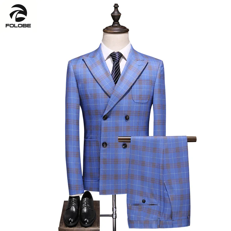 

FOLOBE 2020 New Men Suit High Quality Gentleman Plaid Suit Set Wedding Host Party Elegant Blue Three Piece Classic Men's Suit
