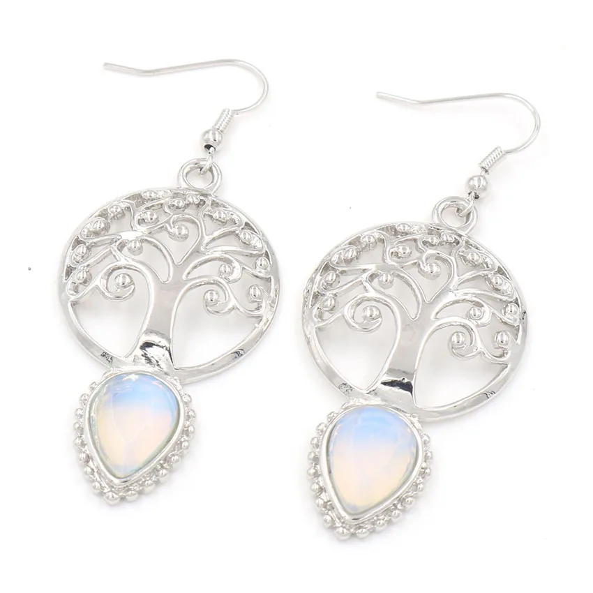 

Opalite Opal Silver Plated Tree of Lfe Water Drop Earrings Ethnic Style Black Agates Jewelry