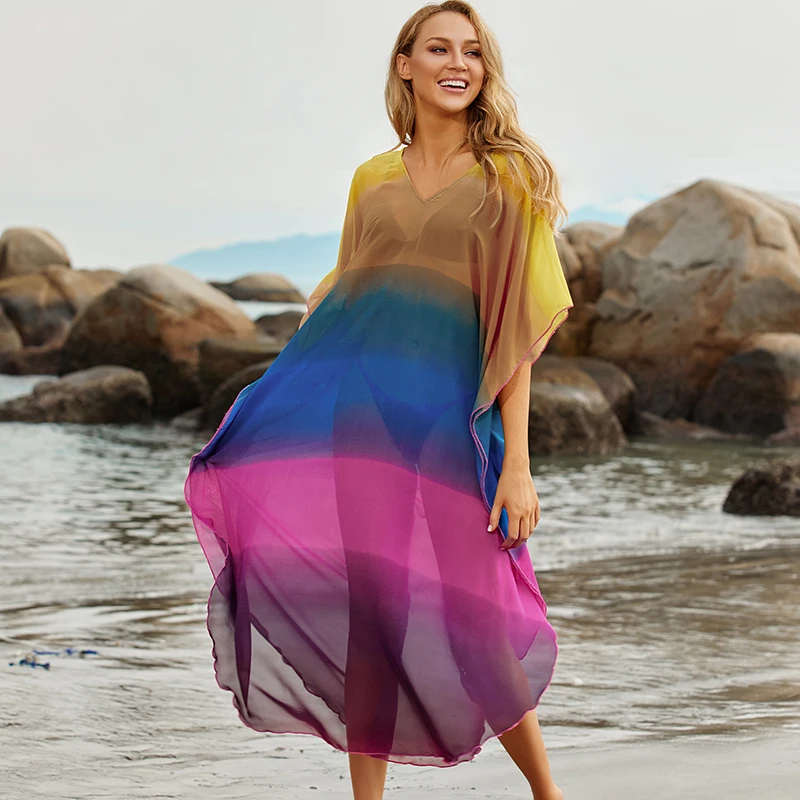 

2020 Bohemian Dress Chiffon Rainbow Print Cover-ups Plus size Beach Cover up Robe de Plage Tunic Pareo Beach Swim suit Cover up