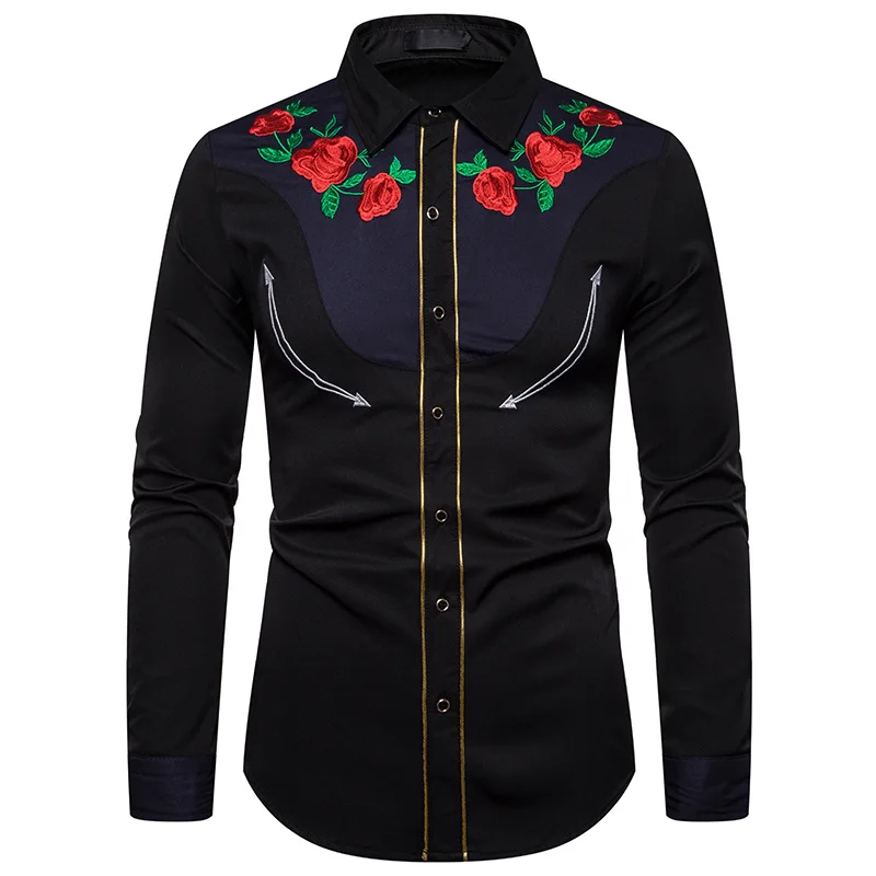 Camisa con bordado Floral para hombre, camisa con botones de vaquero occidental, ajustada, de manga larga, de lujo, color rosa, 2021