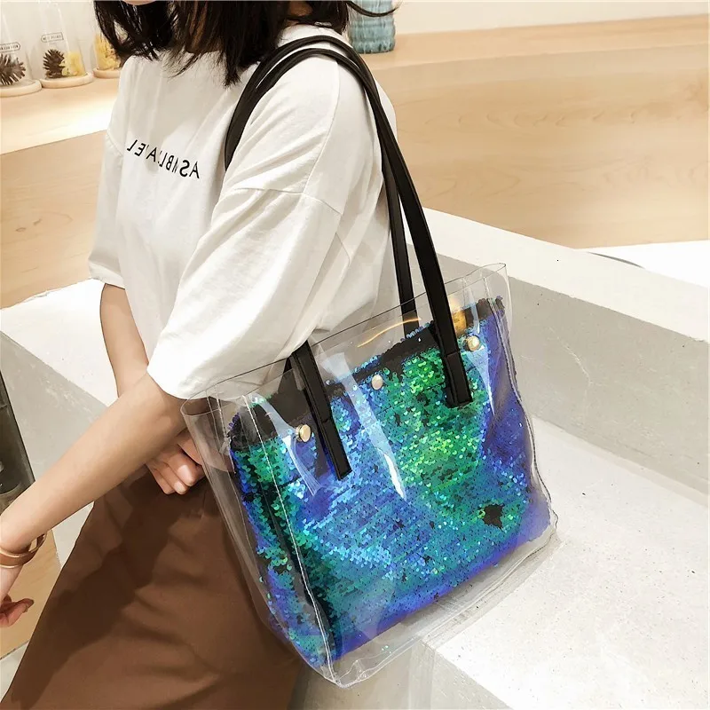 

PVC Beach Bags Women Transparent Bag For Women Summer Sequins Handbags Bohemian Straw Big Capacity Ladies Tote Handbags Sac