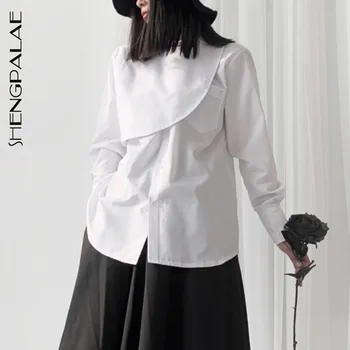 

SHENGPALAE 2020 Spring New Fashion Loose Plus Blouses Women Turn-down Collar Irregular Overlay Flap White Shirt Female 5D275