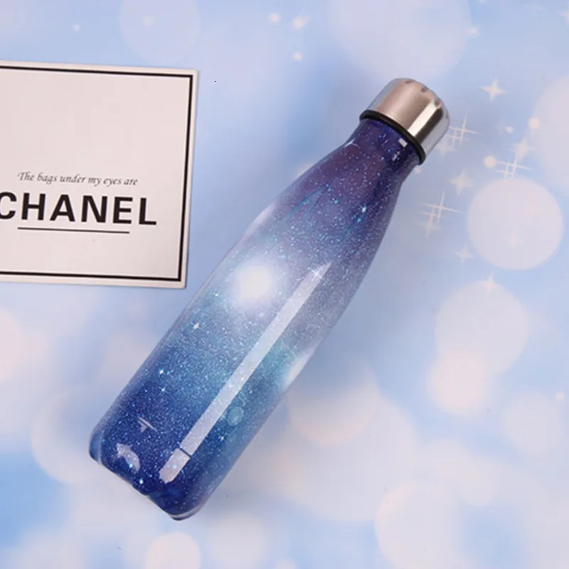 Оригинальная Спортивная бутылка для воды из нержавеющей стали, бутылка колы, термос, вакуумная двухслойная, 304, деревянная мраморная вакуумная посуда для напитков - Цвет: sky blue white
