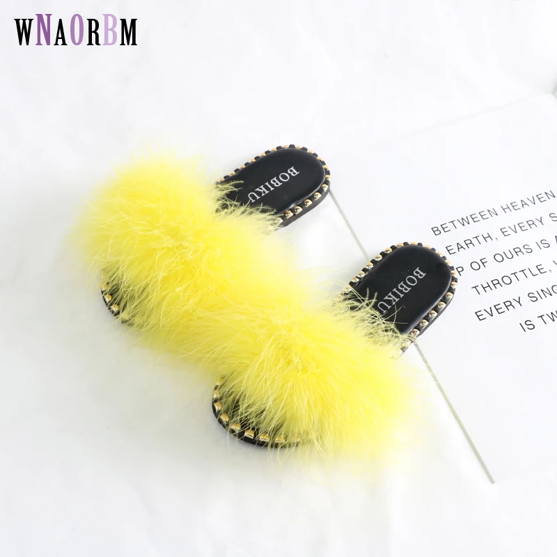 

2019 Ostrich feather slippers summer out rivet decorative non-slip flat slippers 100% ostrich feather fur slippers