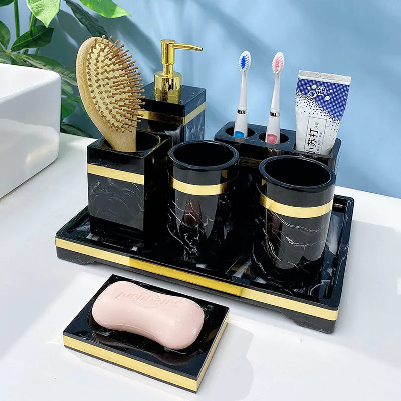 

Bathroom Accessories Set Resin Liquid Soap Dispensers Toothbrush Holder Gargle Cups Tray Gold Head Wedding Gifts European Style
