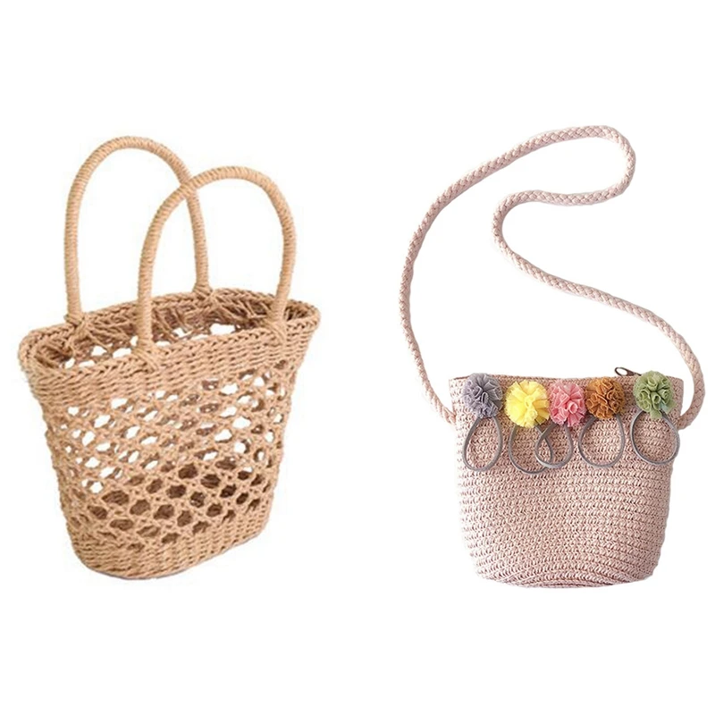 Bolso de hombro de mimbre tejido para niña, cruzada de tejido calado rosa, para playa|Bolsos de doble asa| - AliExpress