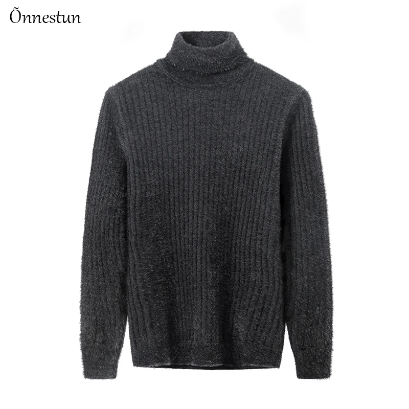 Onnestun, пуловер, свитера для мужчин, Осень-зима, новинка, высокий воротник, тонкий, теплый, искусственный бархат, свитер для мужчин, модные, повседневные топы, мужской свитер - Цвет: Черный