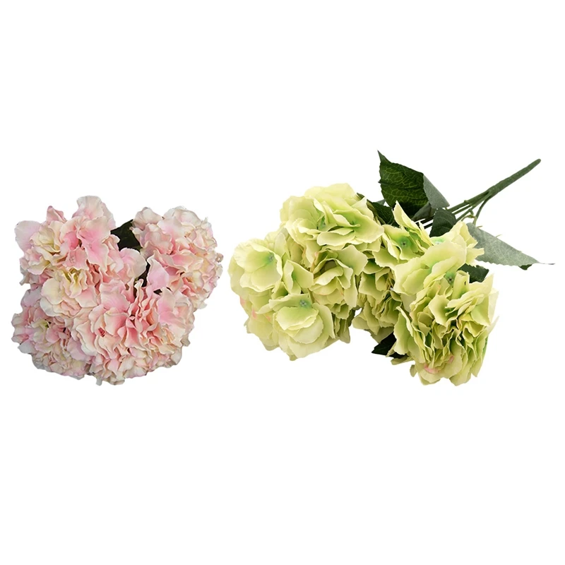 2 Bunch Artificial Hydrangea Flower 5 Big Heads Bouquet Diameter 7 Inch Each Head, Green with Pink
