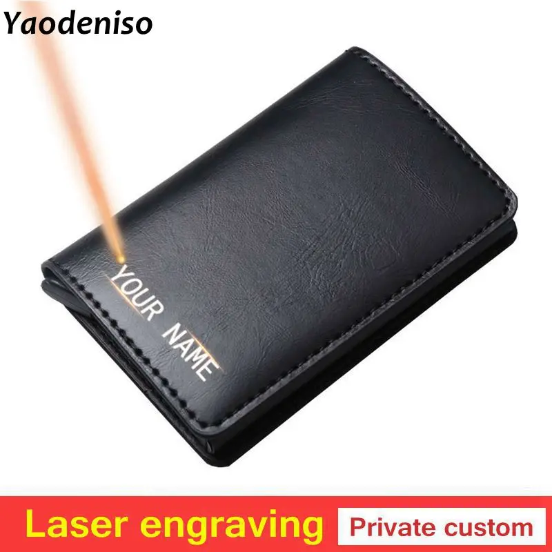 

Laser engraving Men Credit Card Holder Blocking Rfid Wallet Leather Unisex Security Information Aluminum Metal Purse gift