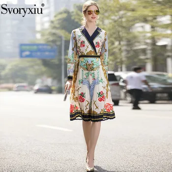 

Svoryxiu Designer Autumn Winter Pleated Dress Women's Fashion Long Sleeve Vintage Pattern Print Party Female Dresses Vestdios